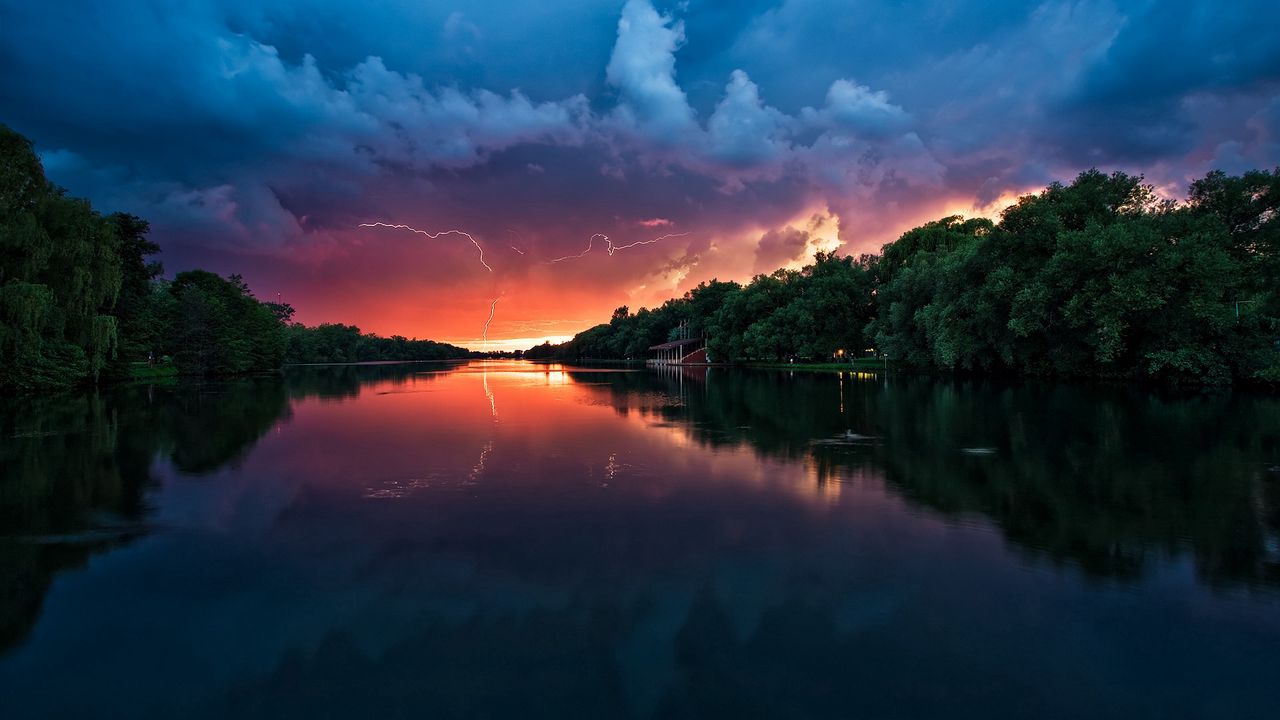 Wallpaper clouds, thunder-storm, river, reflection, lightning, trees