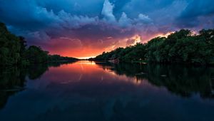 Preview wallpaper clouds, thunder-storm, river, reflection, lightning, trees