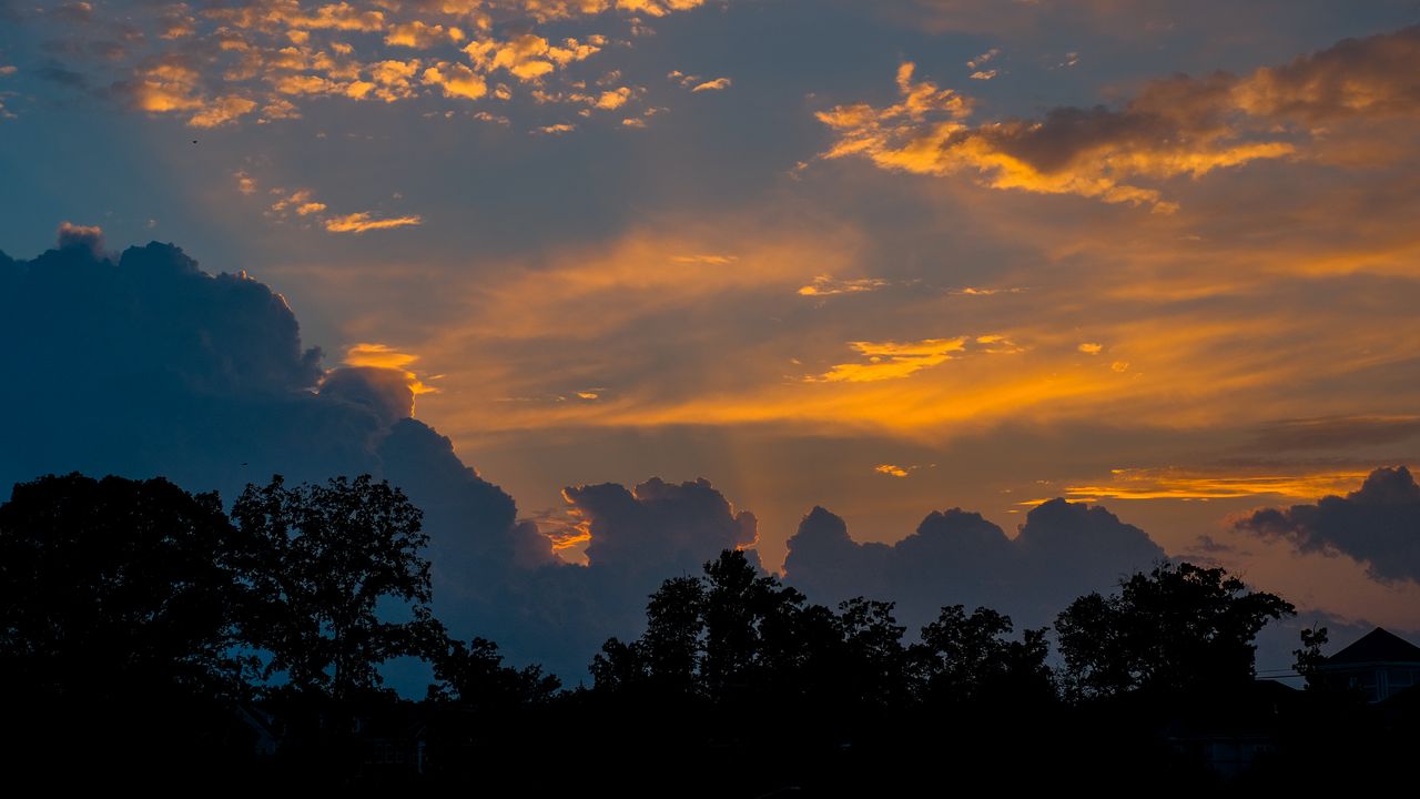 Wallpaper clouds, trees, silhouettes, sunset, landscape