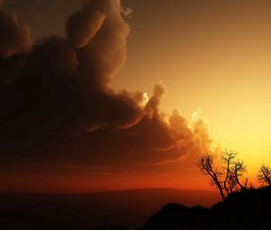 Preview wallpaper clouds, volume, decline, evening, trees, outlines, orange