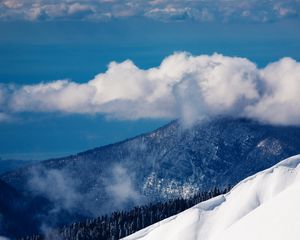 Preview wallpaper clouds, volume, mountains, wood, sky, height