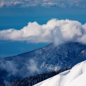 Preview wallpaper clouds, volume, mountains, wood, sky, height