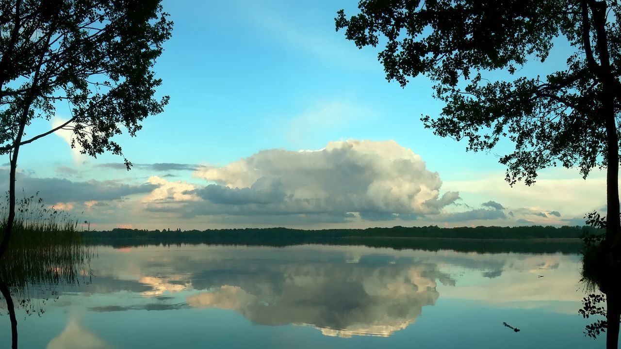 Wallpaper clouds, volume, trees, reflection, pond