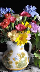 Preview wallpaper clove, geranium, plyumbago, flowers, many, pitcher, glass