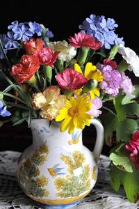 Preview wallpaper clove, geranium, plyumbago, flowers, many, pitcher, glass