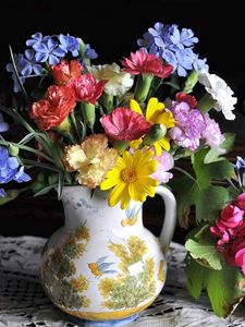 Preview wallpaper clove, geranium, plyumbago, flowers, many, pitcher, glass