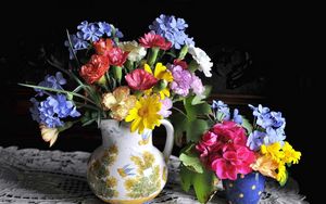 Preview wallpaper clove, geranium, plyumbago, flowers, many, pitcher, glass