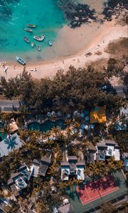 Preview wallpaper coast, aerial view, beach, road, buildings, trees