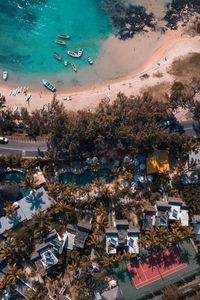 Preview wallpaper coast, aerial view, beach, road, buildings, trees