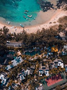 Preview wallpaper coast, aerial view, beach, road, buildings, trees