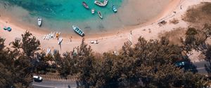 Preview wallpaper coast, aerial view, beach, road, buildings, trees