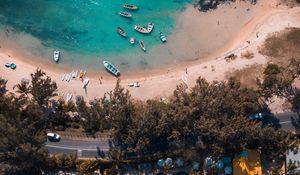 Preview wallpaper coast, aerial view, beach, road, buildings, trees