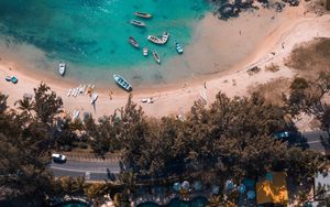 Preview wallpaper coast, aerial view, beach, road, buildings, trees