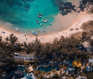 Preview wallpaper coast, aerial view, beach, road, buildings, trees