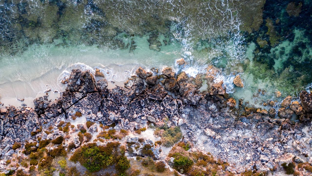 Wallpaper coast, aerial view, road, rocks