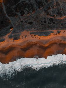 Preview wallpaper coast, aerial view, sea, beach, wave, surf