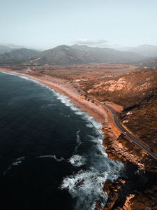 Preview wallpaper coast, aerial view, sea, landscape, hilly, road