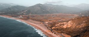 Preview wallpaper coast, aerial view, sea, landscape, hilly, road