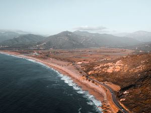 Preview wallpaper coast, aerial view, sea, landscape, hilly, road