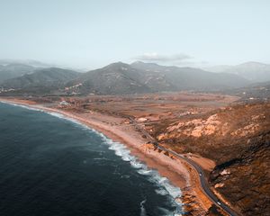 Preview wallpaper coast, aerial view, sea, landscape, hilly, road