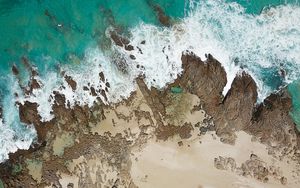 Preview wallpaper coast, aerial view, sea, surf, sand