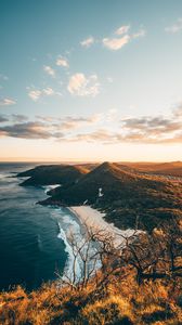 Preview wallpaper coast, aerial view, sea, beach, hills