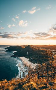 Preview wallpaper coast, aerial view, sea, beach, hills