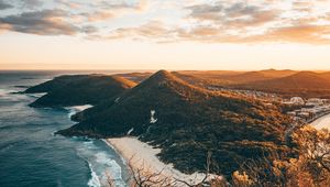 Preview wallpaper coast, aerial view, sea, beach, hills