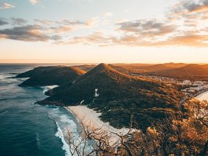 Preview wallpaper coast, aerial view, sea, beach, hills