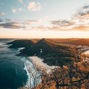 Preview wallpaper coast, aerial view, sea, beach, hills