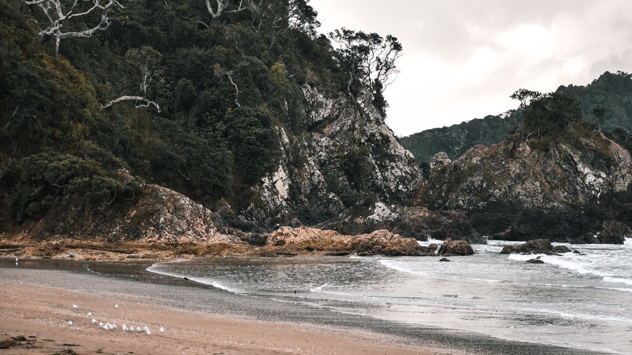 Wallpaper coast, beach, rocks, sand, sky