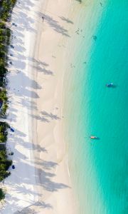 Preview wallpaper coast, beach, sea, aerial view, palm, boats