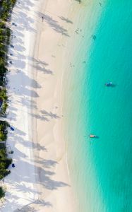 Preview wallpaper coast, beach, sea, aerial view, palm, boats