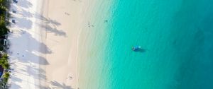 Preview wallpaper coast, beach, sea, aerial view, palm, boats