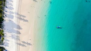 Preview wallpaper coast, beach, sea, aerial view, palm, boats