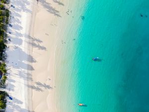 Preview wallpaper coast, beach, sea, aerial view, palm, boats