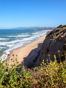 Preview wallpaper coast, beach, sea, waves, mountain, view