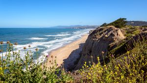 Preview wallpaper coast, beach, sea, waves, mountain, view