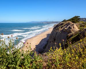 Preview wallpaper coast, beach, sea, waves, mountain, view