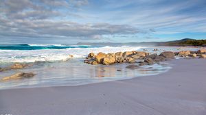 Preview wallpaper coast, beach, stones, sea, waves, nature