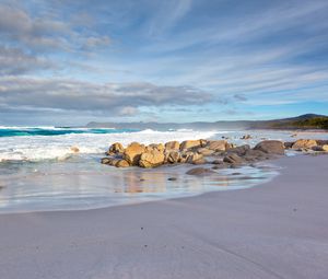 Preview wallpaper coast, beach, stones, sea, waves, nature