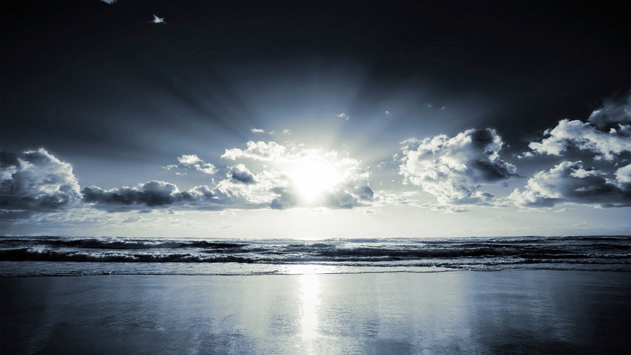 Wallpaper coast, beach, sun, clouds, beams, sand, black-and-white
