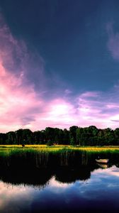 Preview wallpaper coast, boats, trees, sky, lake