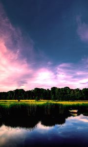 Preview wallpaper coast, boats, trees, sky, lake