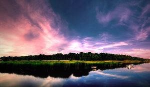 Preview wallpaper coast, boats, trees, sky, lake