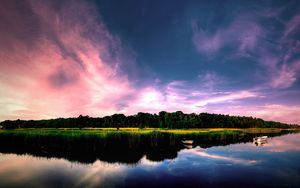 Preview wallpaper coast, boats, trees, sky, lake