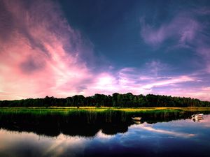 Preview wallpaper coast, boats, trees, sky, lake