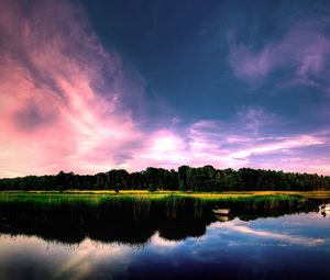 Preview wallpaper coast, boats, trees, sky, lake