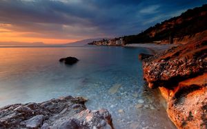 Preview wallpaper coast, bottom, water, transparent, stones, structures