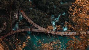 Preview wallpaper coast, bridge, aerial view, trees, water, nature